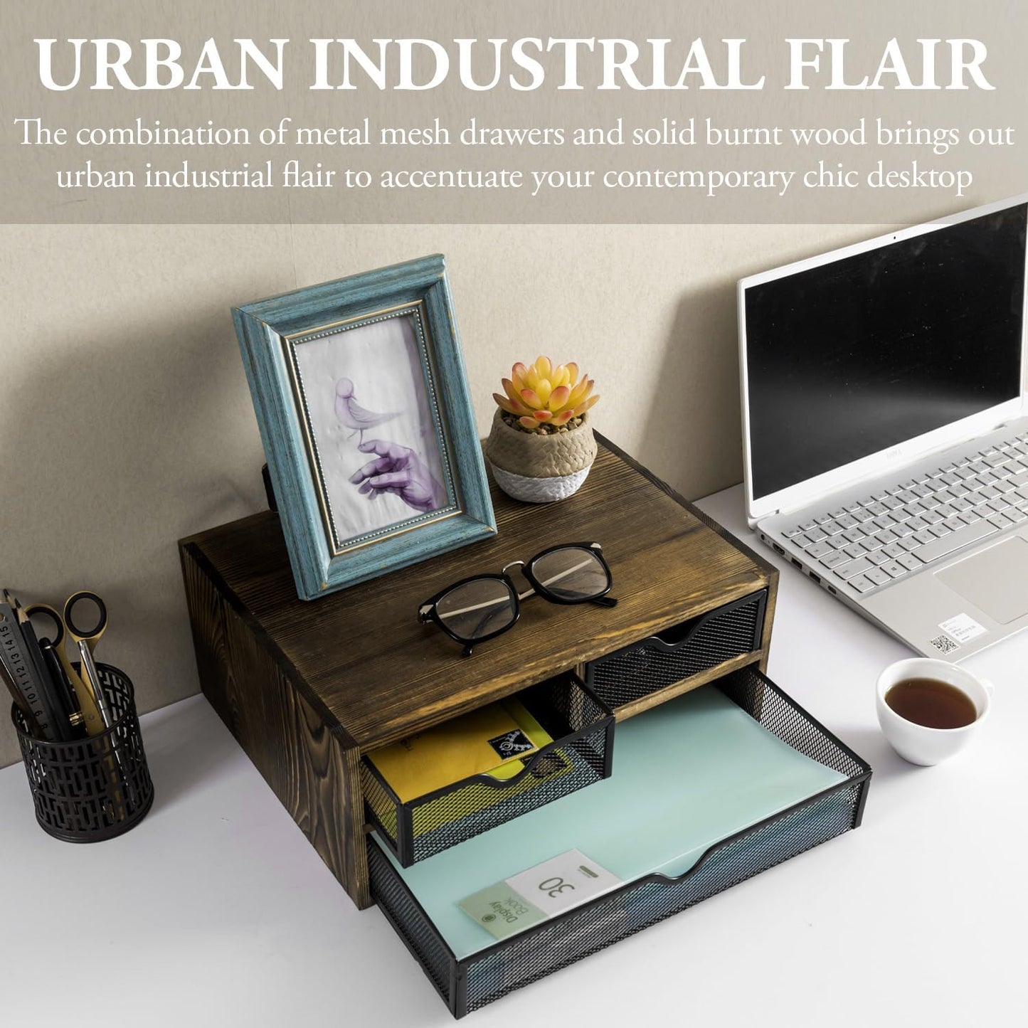 MyGift Rustic Burnt Brown Solid Wood Desktop Organizer Box with 3 Removable Black Metal Mesh Trays, Office Desk Supplies Storage Drawers for Accessories