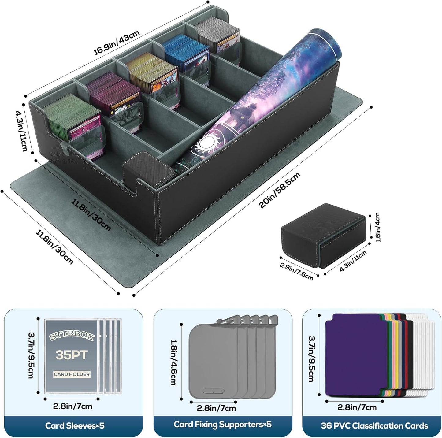 5-Row MTG Deck Box with Commander Display, Trading Card Storage Box for MTG TCG Sports Card，Card Deck Box with 1 Sieve box, 5 Toploaders, 5 Stoppers, 36 Colorful Dividers (Black & Grey)