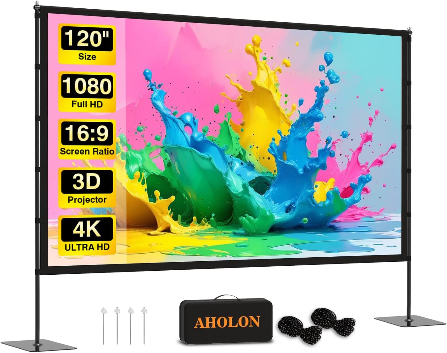 Outdoor Projector Screen with Stand - 120 inch Portable Projector Screens Indoor Outdoor Projector Screen 16:9 4K HD Outdoor Movie Screen with Carry Bag,Enioy Home Theater Projection Screen.