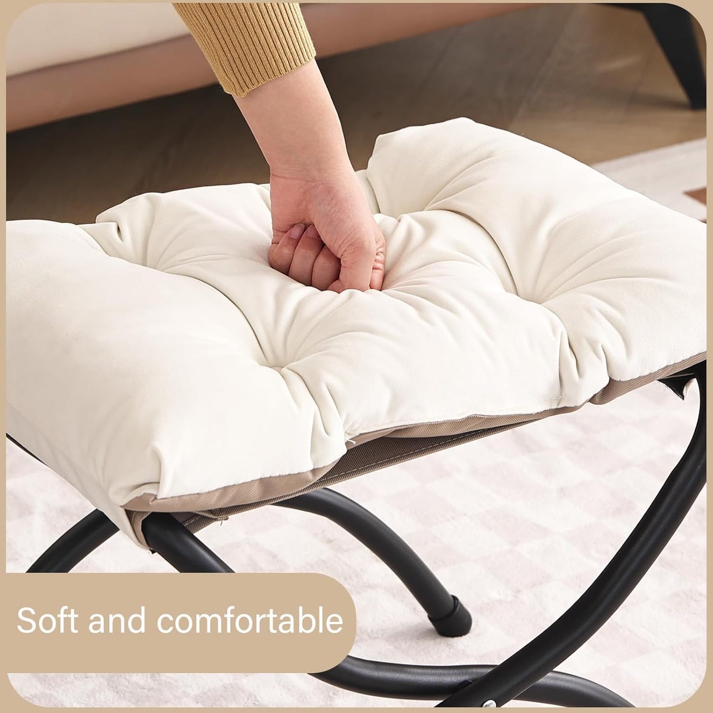 LITA Folding Upholstered Footrest Stool, Modern Small Portable Accent Ottoman with Detachable Thick Cotton Cushion Padded Sofa Stool with Metal Frame for Lazy Chair, Living Room & Bedroom, Beige