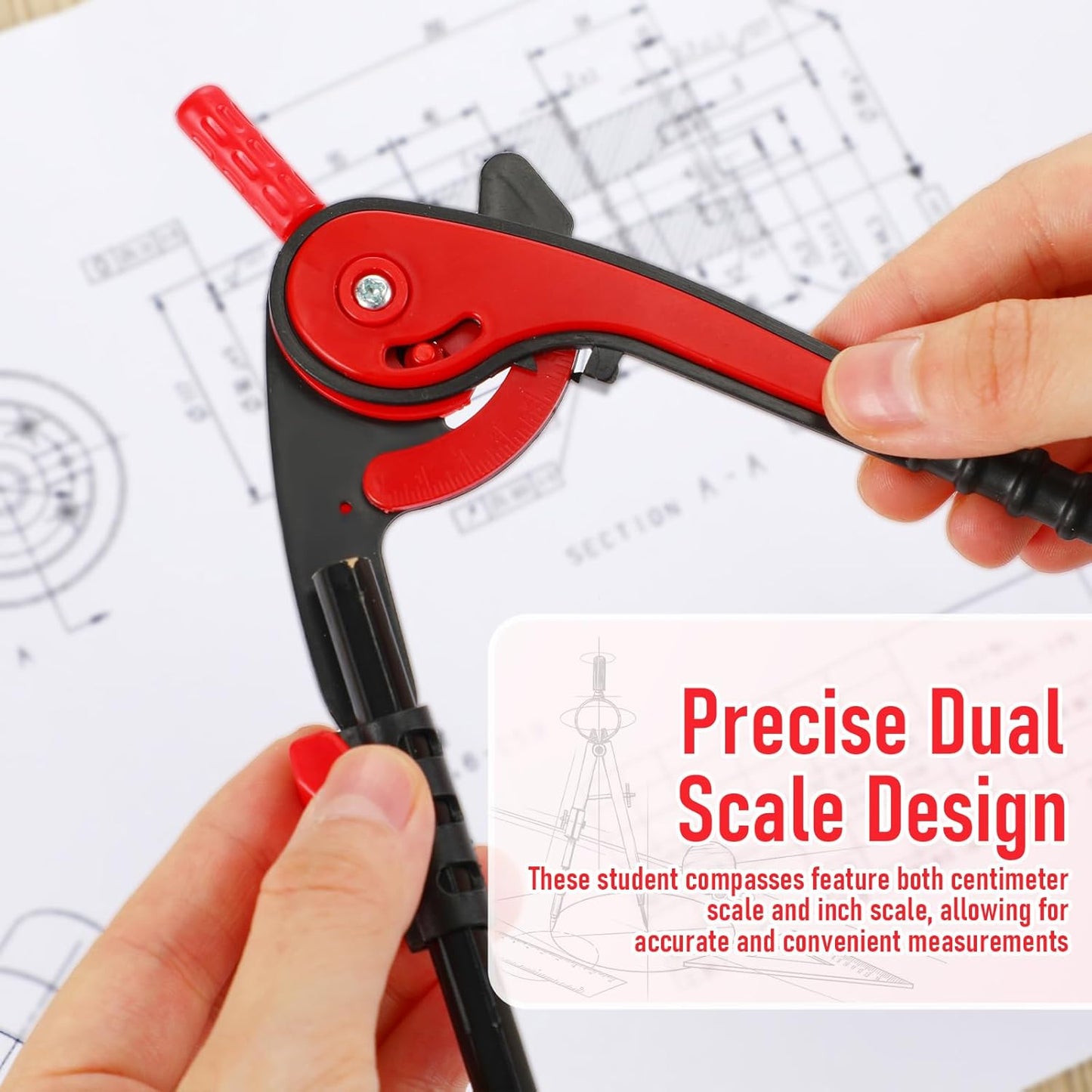 Eboot Red Student Geometry Math Set, Drawing Compass and 6 Inch Clear Swing Arm Protractors 180 Degree Math Protractor