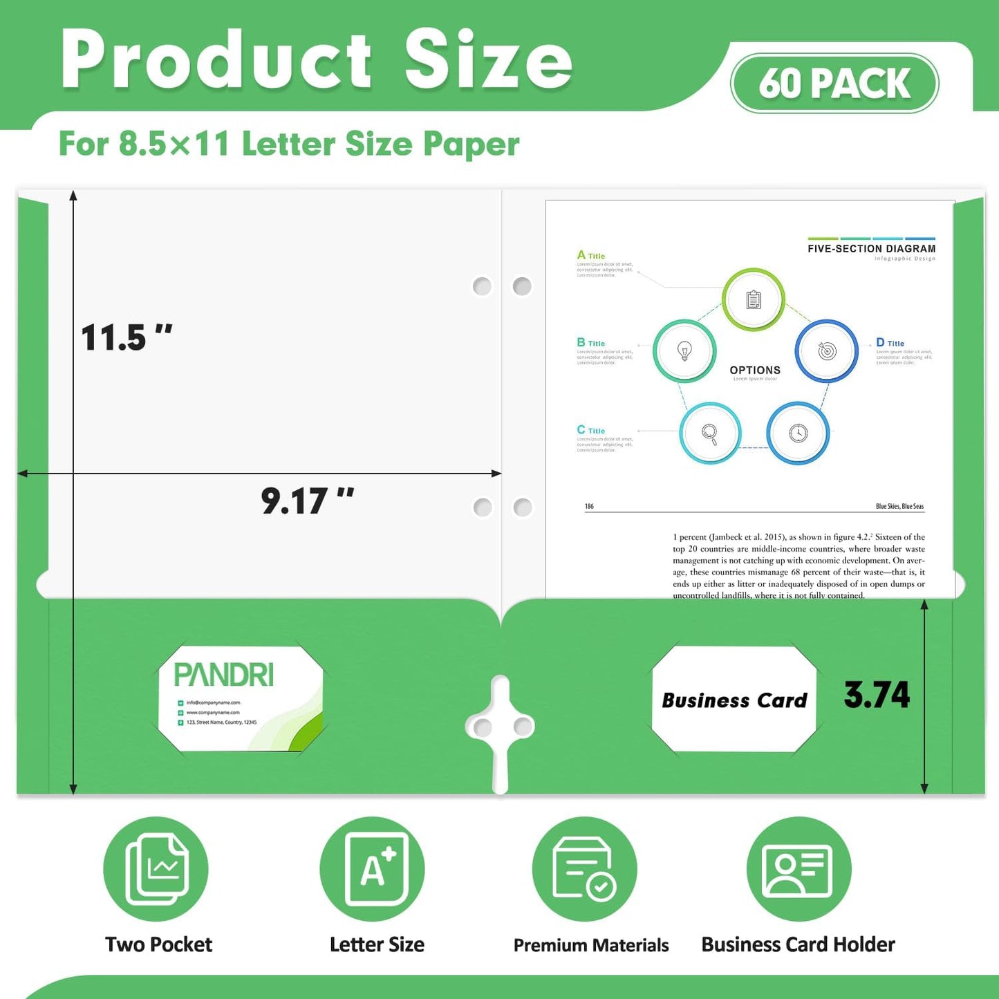Two Pocket Portfolio Folders, PANDRI 60 Pack 3 Hole Punched 2 Pocket Folders for 3 Ring Binder, Letter Size Paper File Folder for School Office Home Business, Green