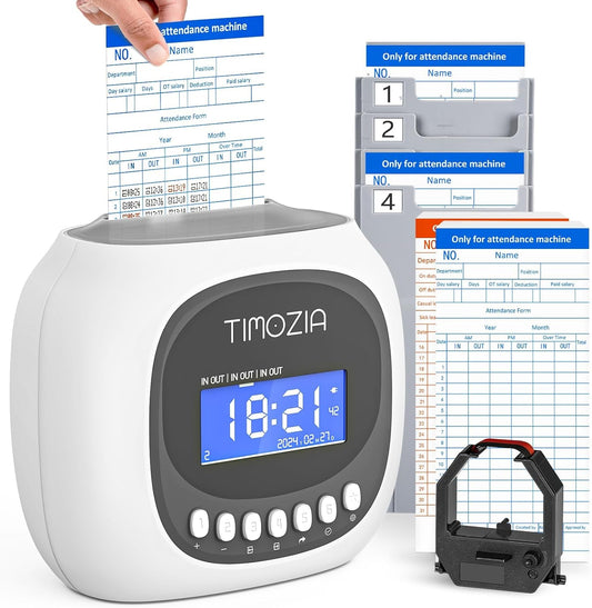 Time Clock with Passcode, Auto-Align Time Card Machine, 6 Punches per Day Time Clock Punch Machine with 100 Time Cards, 2 Ink Ribbons and 4 Racks(White, Military Time)
