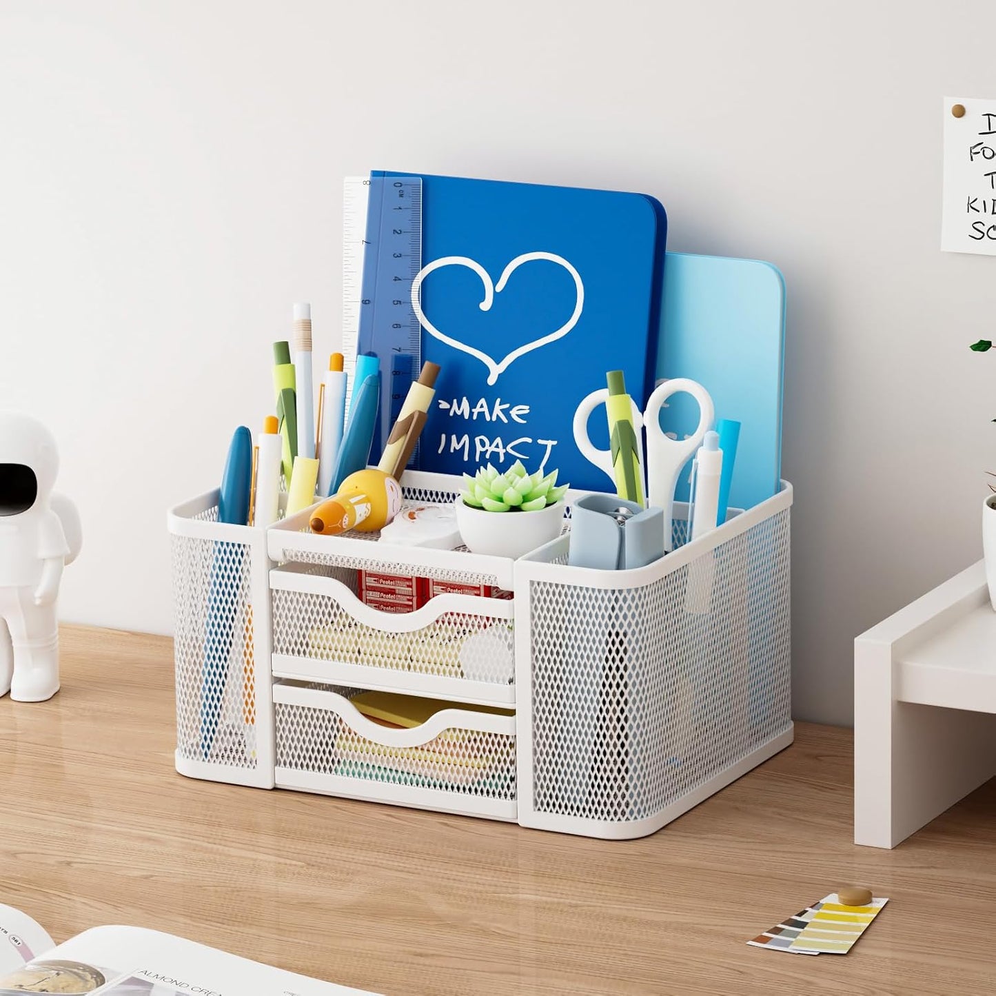 Marbrasse Mesh Desk Organizer, Pen Organizer with 2 Drawer, Multi-Functional Pencil Holder, Desk Organizers and Accessories with 5 Compartments + Drawer for Office Art Supplies (White)