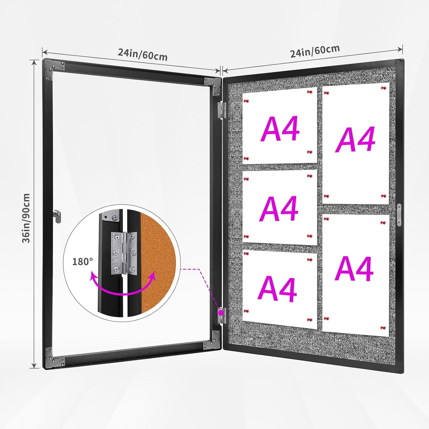 Outdoor Enclosed Bulletin Board, Grey Felt Weatherproof Notice Noticeboard with Clear Acrylic Locking Door, Wall-Mounted Black Aluminum Framed Display Case,36x24in (5xA4)