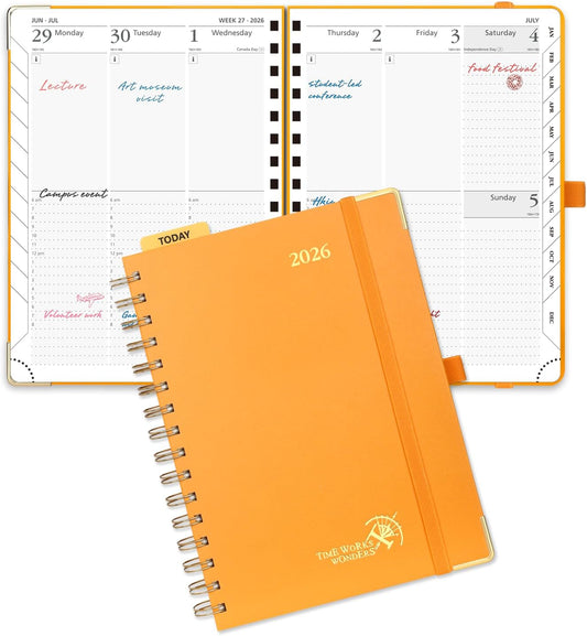 POPRUN 2026 Planner (Medium Size 8.5'' x 6.25'' Wire-Bound Hard Cover) Daily Weekly and Monthly Calendar - Agenda 2026 (Jan.2026-Dec.2026) with Hourly Schedule, Monthly Tabs - Orange