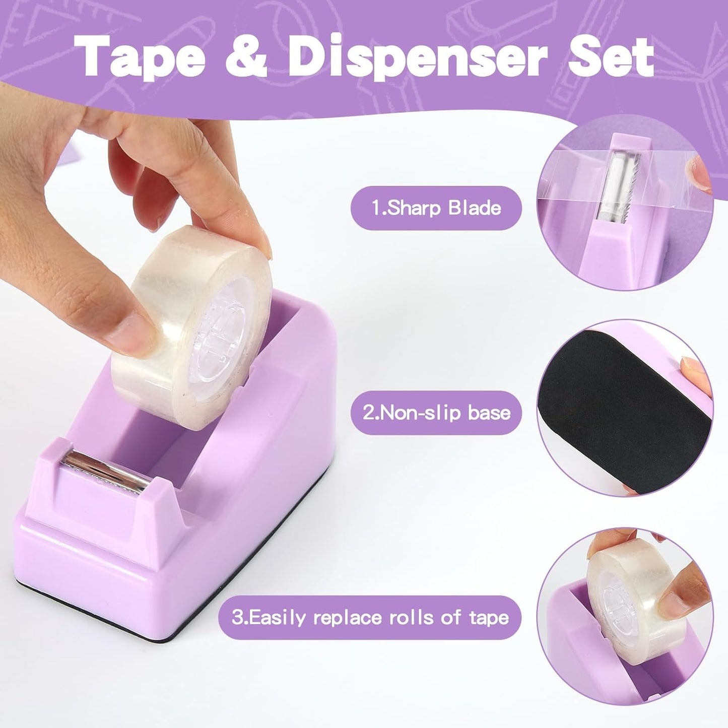 Office Supplies Set, Purple Stapler and Tape Dispenser Set with Staple Remover, Stapler and Staples Set with 1000 Staples, Clips, Tape, Scissor and Tabs, Desk Accessories for Women Student