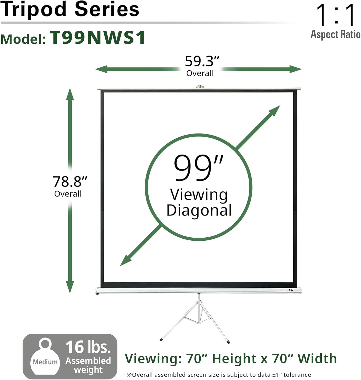 Elite Screens Tripod Series, 99-INCH 1:1, 16:9, 4:3 Adjustable Multi Aspect Ratio Portable Indoor Outdoor Projector Screen, 8K / 4K Ultra HD 3D Ready, US Based Company 2-Year Warranty, T99NWS1 -White