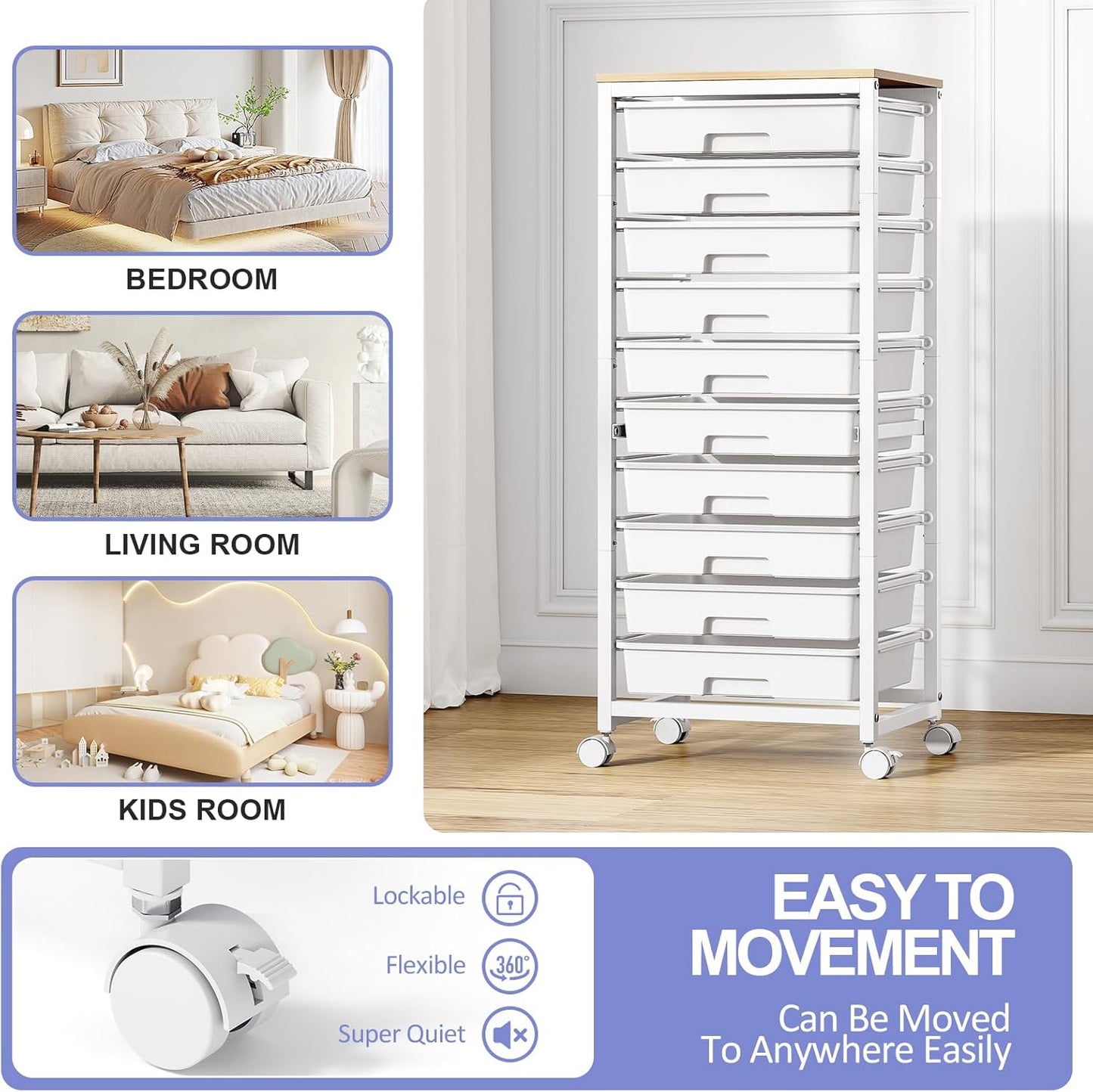 Rolling Cart with Drawers,10 Drawer Rolling Cart,Storage Cart with Wheels,Utility Cart with Drawers,Teacher Cart for Classroom Storage,Craft Cart with Wheels and Wooden Tabletop,White