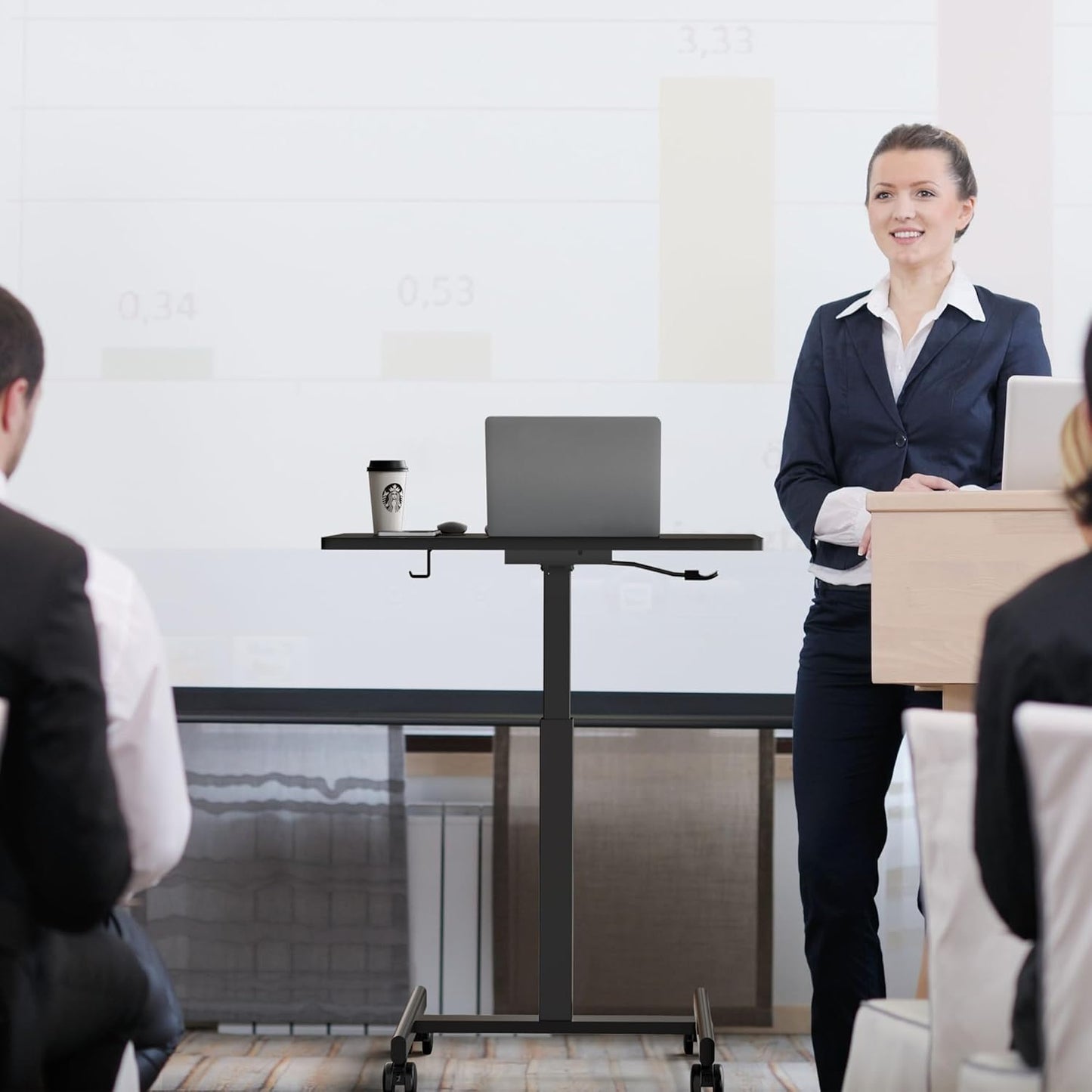 Mobile Small Standing Rolling Desk Adjustable Height, Portable Laptop Desk on Wheels, Workstation for Home Office with Hook, Black