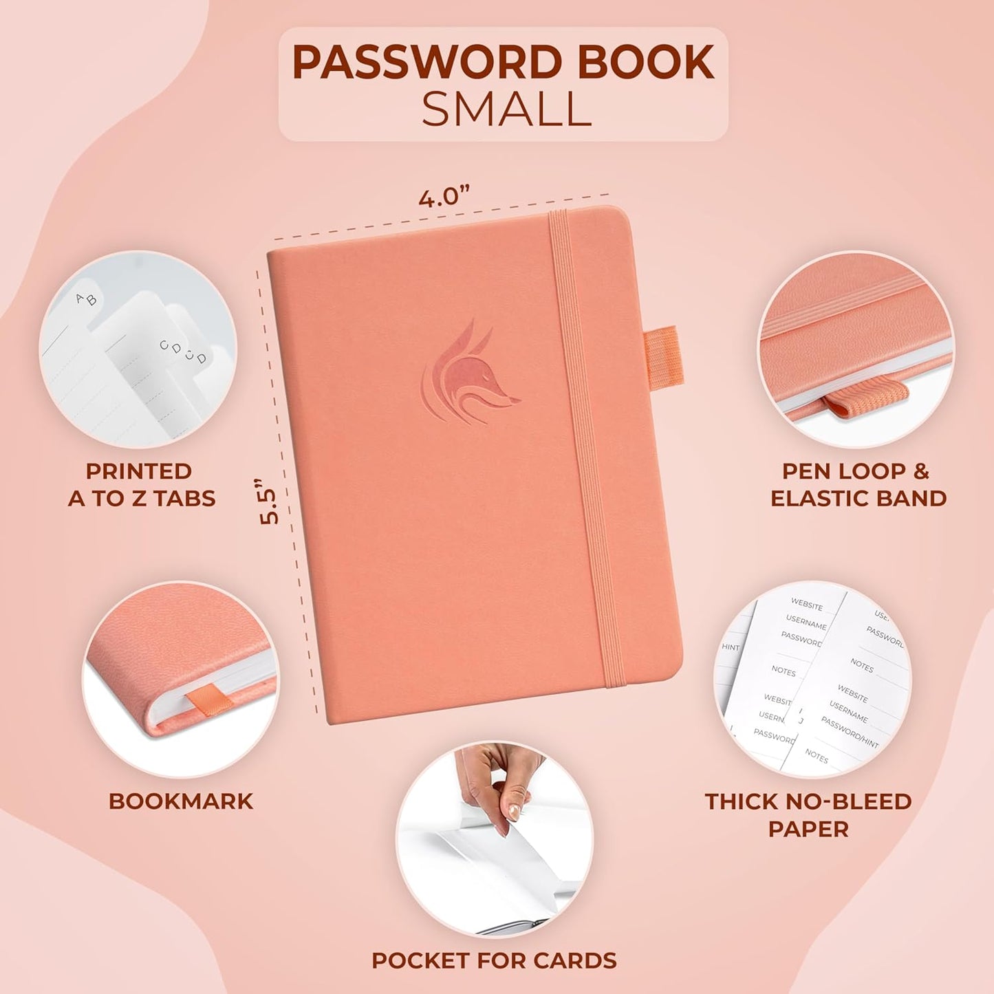 Clever Fox Password Book with alphabetical tabs. Internet Address Organizer Logbook. Small Pocket Password Keeper for Website Logins (Peach Pink)