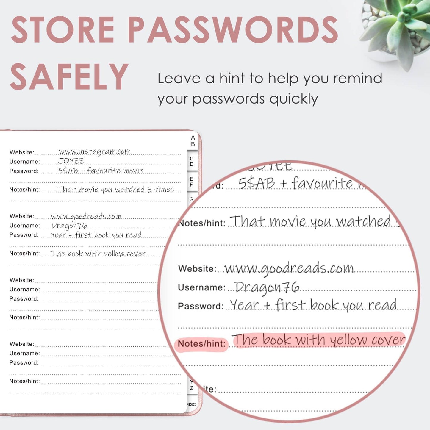 Elegant Password Book with Alphabetical Tabs - Hardcover Password Book for Internet Website Address Login - 7" x 10" Password Keeper and Organizer w/Notes Section & Back Pocket (Rose Gold)