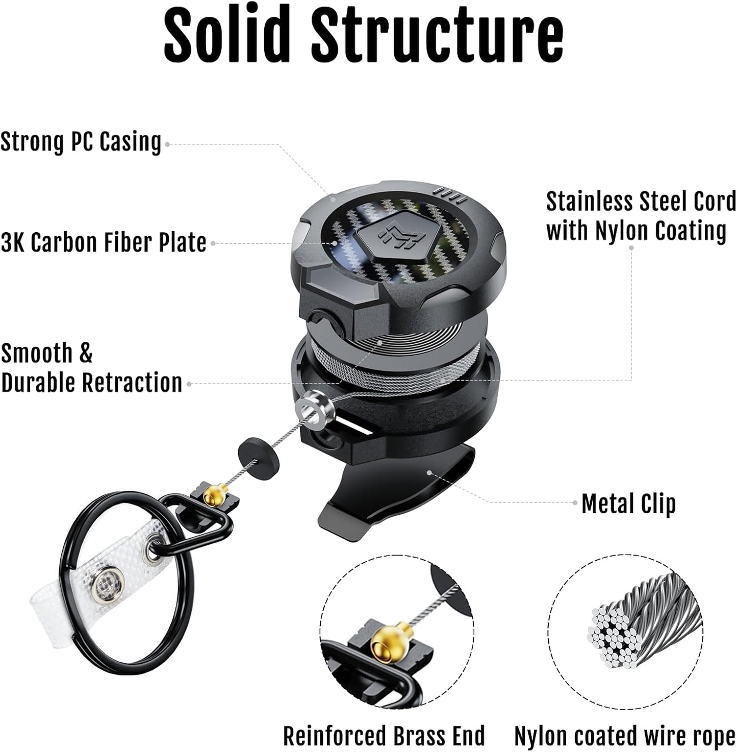 MNGARISTA Upgraded Heavy Duty Retractable Keychain with Belt Clip, 10 OZ Retraction, 31.5" Stainless Steel Cord, 3K Carbon Fiber ID Badge Reel with Badge Strap and Key Ring