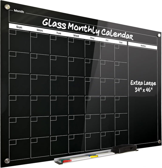 Real Glass Dry Erase Monthly Calendar, Giant Size 34" x 46", Tempered Glass Surface, Frameless Wall Mount, with 4 Assorted Color Markers and Eraser, by Better Office Products (Jet Black)