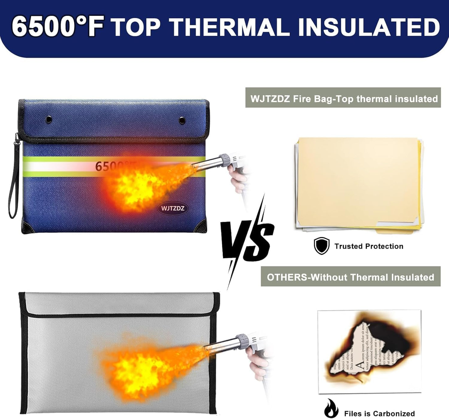 Upgraded Fireproof Money Bag,10 Layers of Heat Insulated Materials,6500°F Fireproof Bag with Waterproof Zipper/Reflective Strip with Handle for Cash,Important Documents（Not Suitable for A4 Files）