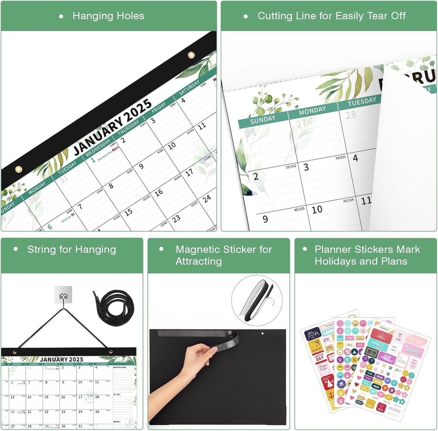 Ospelelf Desk Calendar 2025-2026, Magnetic Fridge Wall Calendar, 18 Month Monthly Large Calendar Planner with Plastic Cover Floral 17" X 12" Green Leaves