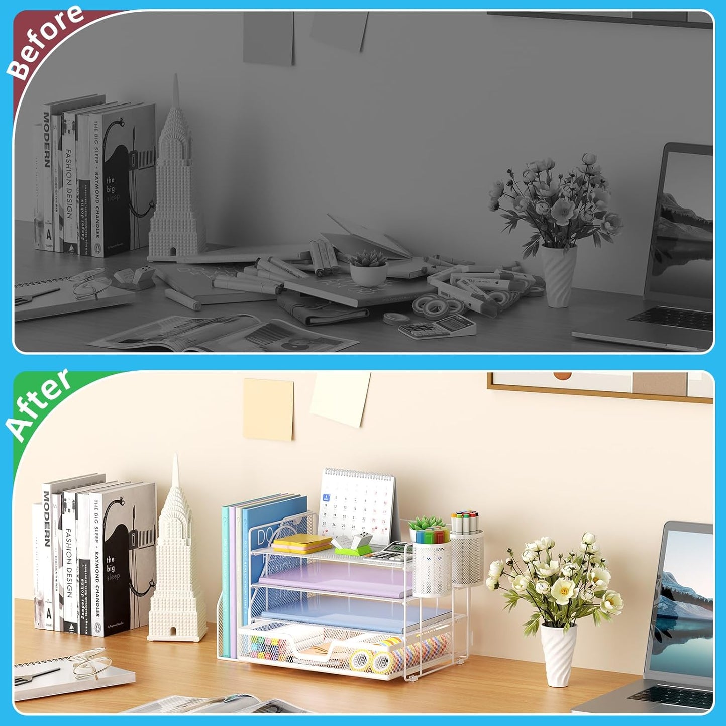 Marbrasse Desk Organizer and Accessories，4-Tier Paper Letter Tray Organizer with File Holder, Desk Accessories & Workspace Desk Organizers with Drawer and 2 Pen Holder (White, 15.4" x 9.1" x 8.3")