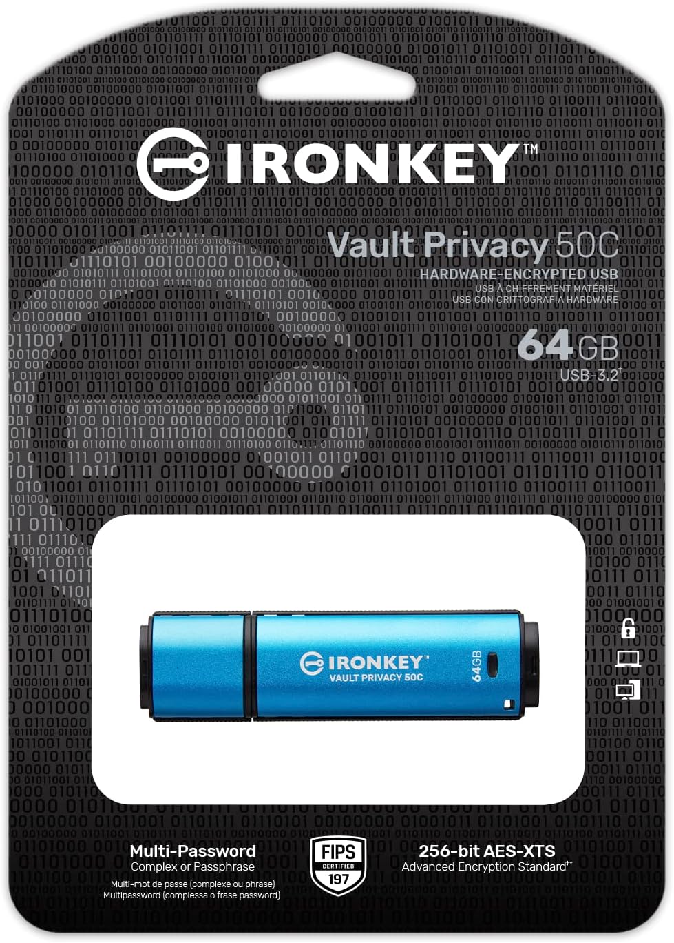 Kingston Ironkey Vault Privacy 50 USB-C 64GB Flash Drive | FIPS 197 Certified | XTS-AES 256-bit | BadUSB and Brute Force Protection | Mult-Password Option | IKVP50C/64GB