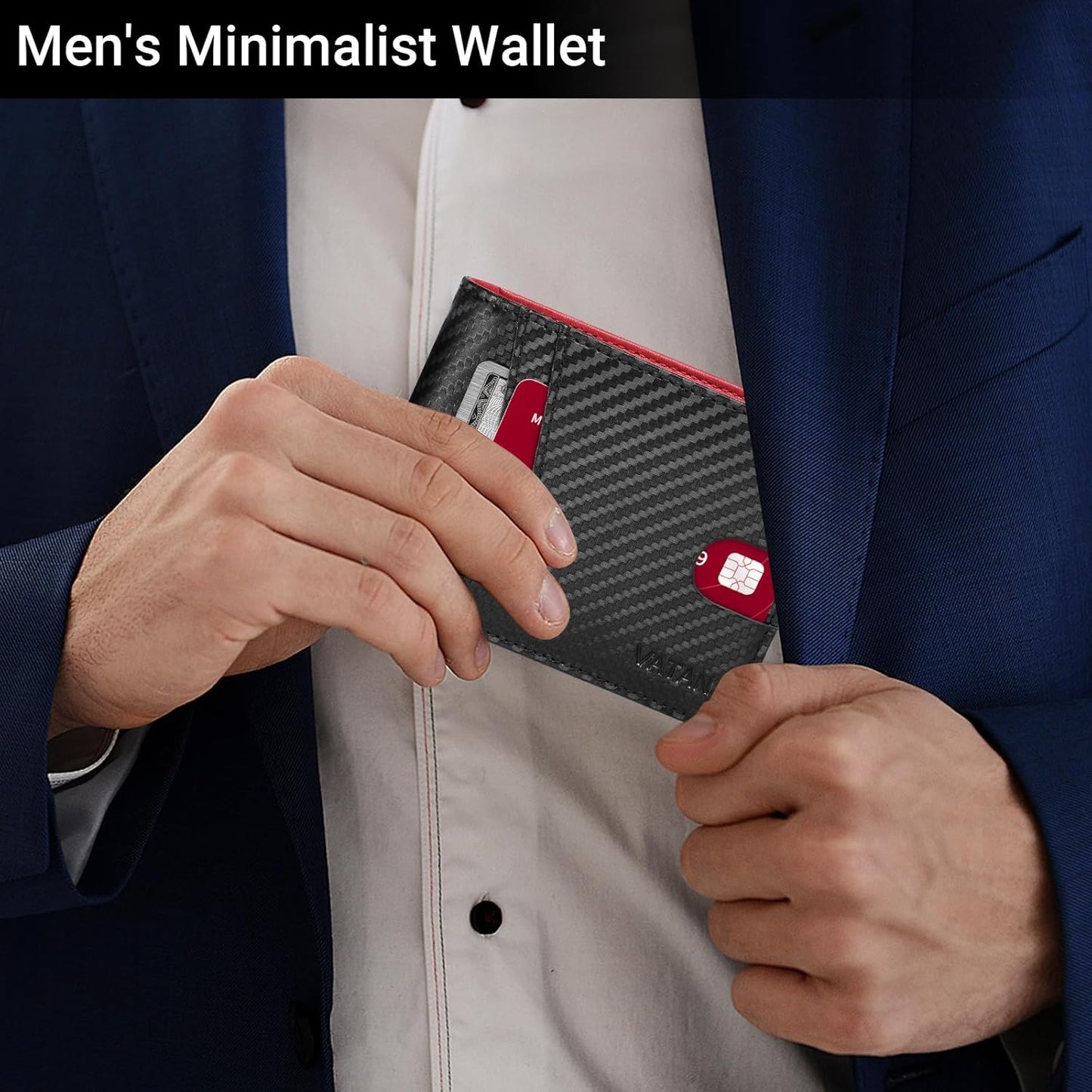 VATAN Wallet for Men, Mens Minimalist Wallet Credit Card Holder, Slim Leather Rfid 2 ID Window Large Capacity With Gift Box (Carbon black and Red)