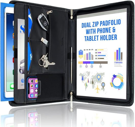 STYLIO Zipper Padfolio Portfolio Binder Organizer | Faux Leather Portfolio for Resume, Documents, Phone, Tablet, Business Supplies and Cards | Notebook Organizer with Letter Sized Notepad Included