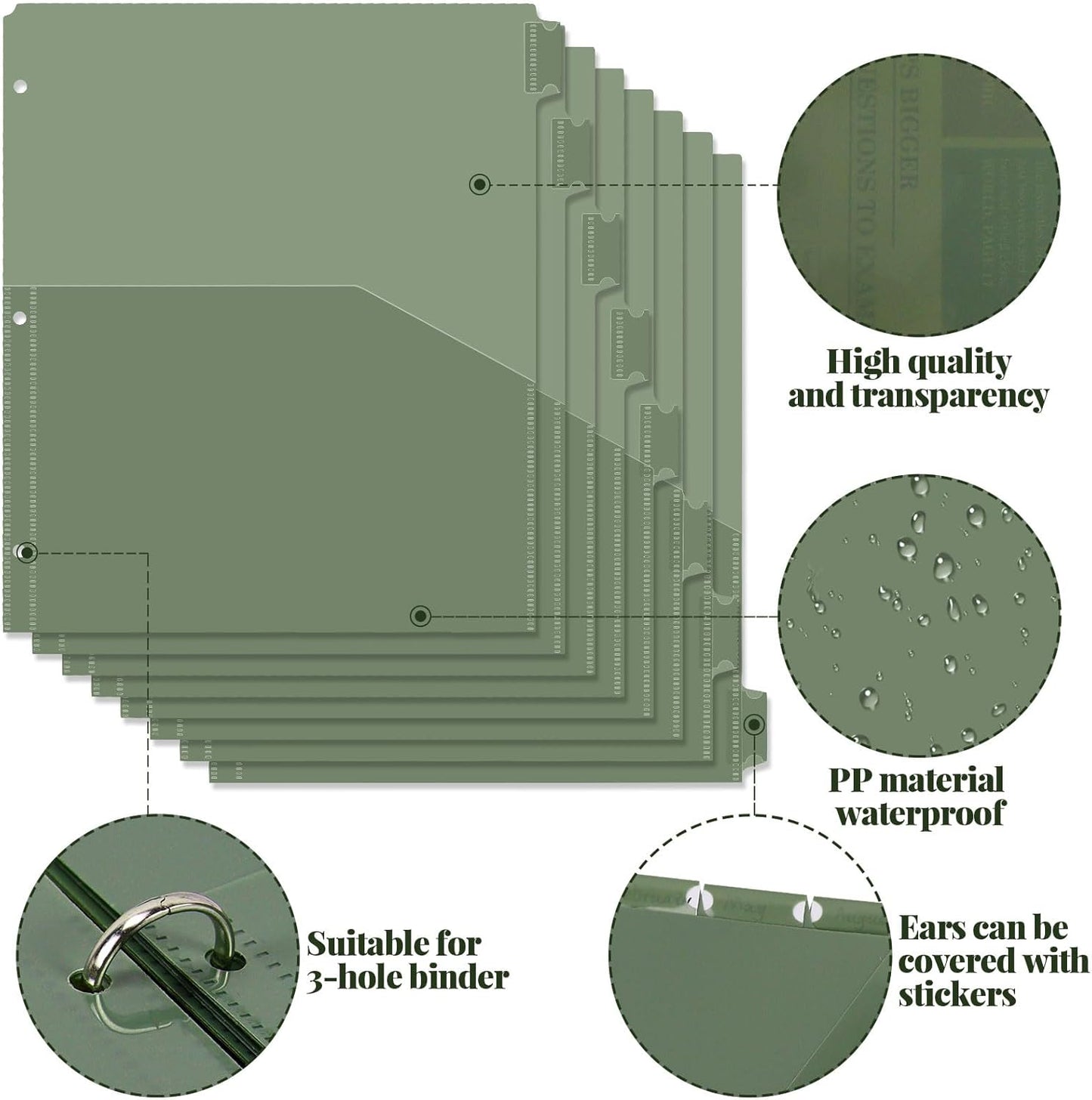 8 tab dividers for 3 Ring Binder with Pockets, Plastic Dividers with Front Pocket, 8-tab Index Dividers with 3 Holes Punched for School & Office Supplies (Green)