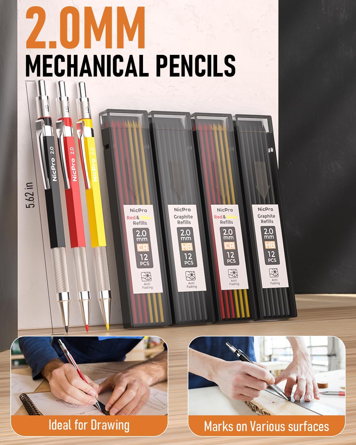 Nicpro 18 Pack Carpenter Pencils Mechanical, Construction Pencils with 60 Refill, Automatic Center Punch and Carbide Scribe Tool, 2.0mm Mechanical Pencil for Woodworking, Best Carpenters Marking Tool