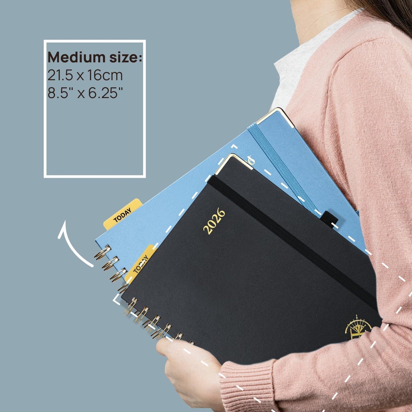 POPRUN 2026 Planner (Medium Size 8.5'' x 6.25'' Wire-Bound Hard Cover) Daily Weekly and Monthly Calendar - Agenda 2026 (Jan.2026-Dec.2026) with Hourly Schedule, Monthly Tabs - Haze Blue