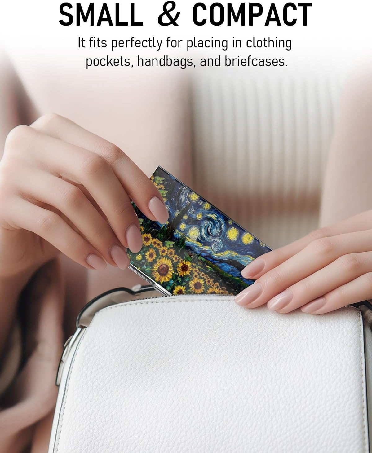 Business Card Metal Slim Organizer, Professional Stainless Steel Square Pocket Wallet for Office Workers, Compact and Portable for Pockets (Starry Sunflowers A)