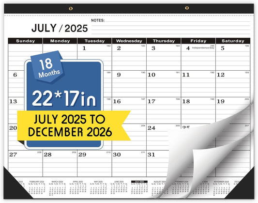 Desk Calendar 2025-2026,July 2025 to December 2026,Desk calendar 2025-2026 Large 22x17, Classroom Calendar 2026 with PVC Cover,Round Holes& NOTES List (Black),18 Months Calender 2026