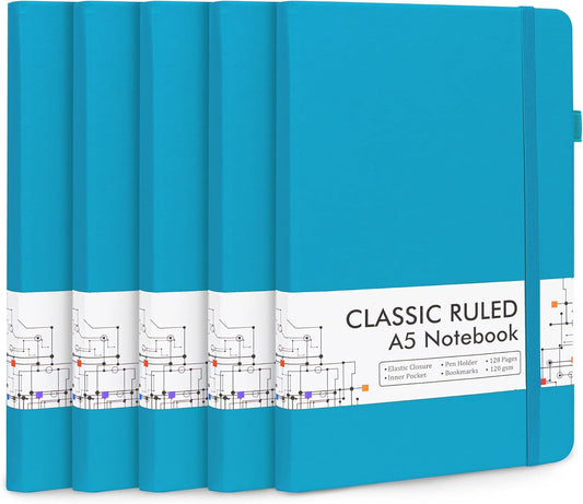 5 Pack Journal Notebook Bulk for School, Feela Hardcover Business Notebooks Classic Ruled Lined Journals with Pen Holder for Work Note Taking, with 5 Black Pens, 120 GSM, 5.1”x8.3”, A5, Teal