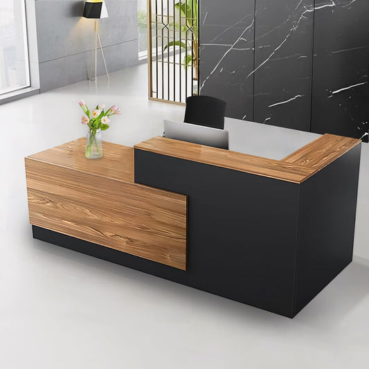 Modern Reception Desk with Counter and Drawer Office Front Desk with Cabinet Wooden Commercial Reception Table Checkout Counter for Retail Salon Lobby Black and Wood Left 71inch/180cm