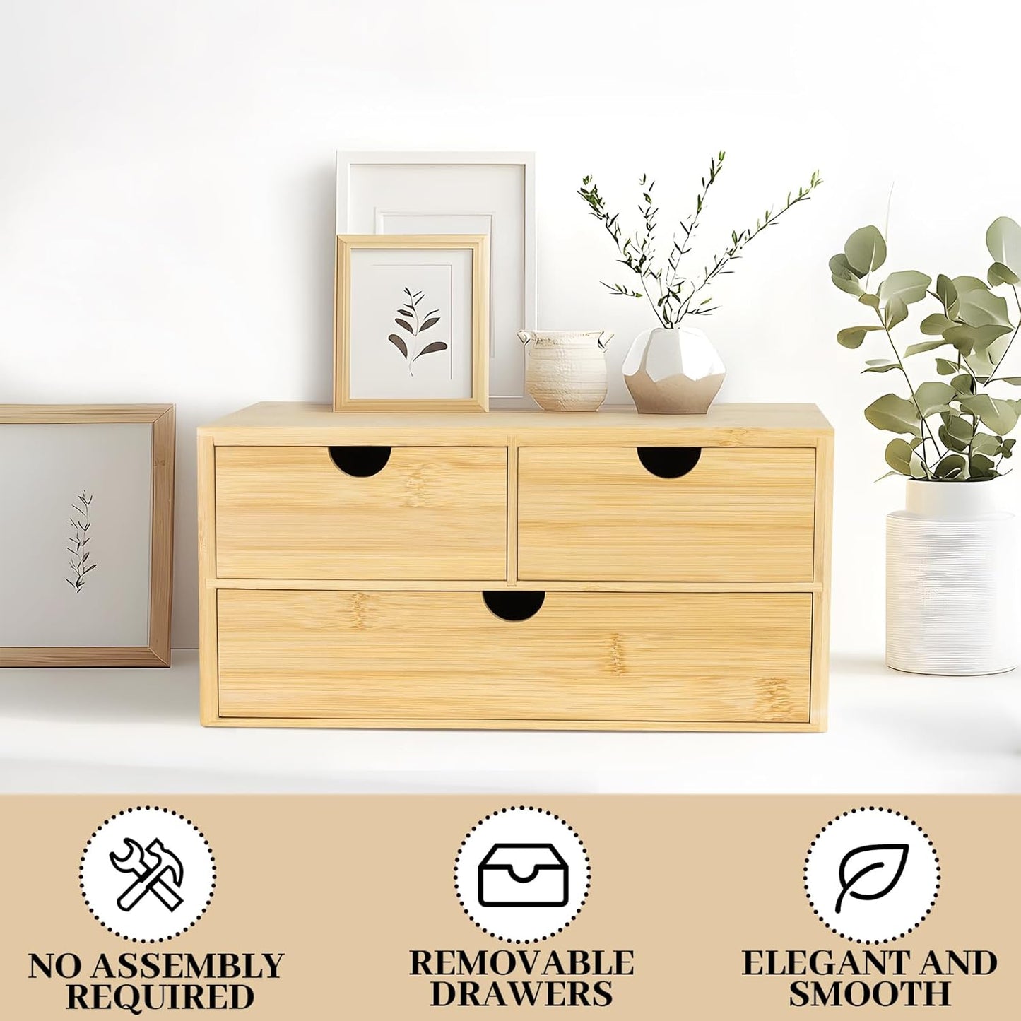 Bamboo Desk Organizer, 3 Drawer Desktop Organizer, Tabletop Storage Organization Box for Bills, Countertop, Home Office Supplies