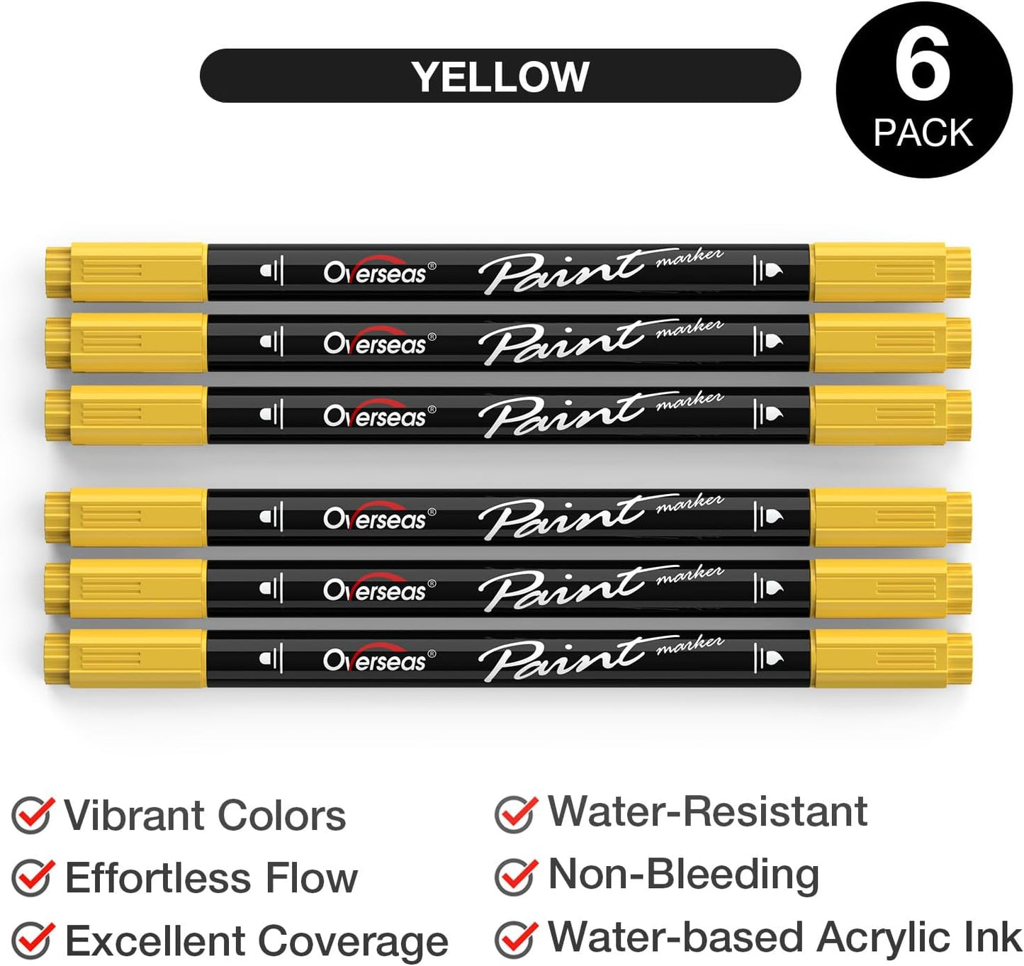 Overseas Yellow Acrylic Paint Markers, 6 Pack Dual Tip Paint Pens Acrylic Markers - Dot and Brush Tip Coloring Marker for Wood, Rock, Canvas, Glass, Metal, Plastic, Rubber, Fabric, School Supplies