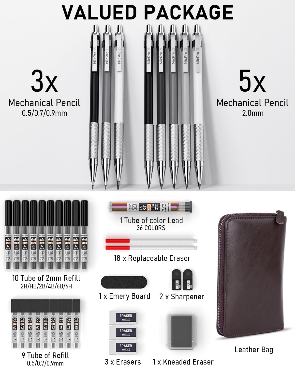 Nicpro 38PCS Art Mechanical Pencils Set in Leather Case, 3 PCS Metal Drafting Pencil 0.5, 0.7, 0.9 mm & 5 PCS 2mm Lead Holder (6B 4B 2B HB 2H 4H Colors) For Sketching Drawing With 20 Tube Lead Refills