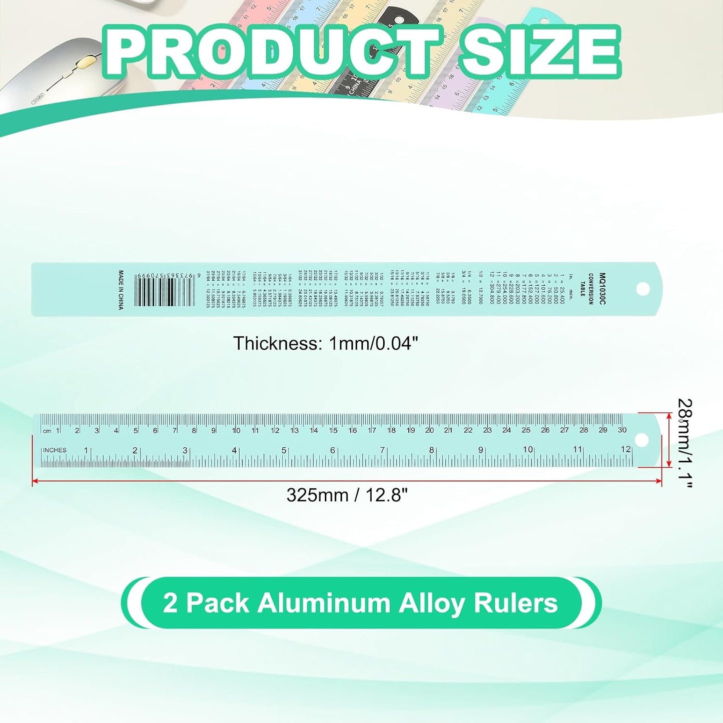 PATIKIL 30cm/12 Metal Ruler, 2 Pack Aluminum Alloy Rulers with Centimeters, Millimeters, Inches and Conversion Table Straight Edge Ruler for Writing Machinist Drafting, Blue Green
