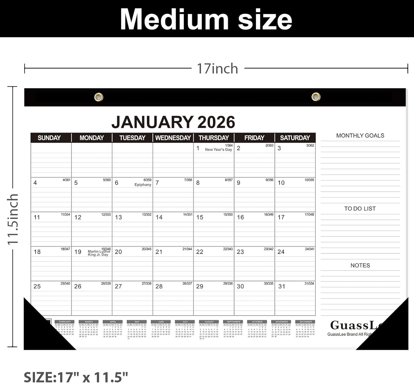 GuassLee Desk Calendar 2026-2027, 3 Packs, 18 Months Calendar 17" × 11.5" Desk Calendar from January. 2026 to June. 2027 with Julian Date, To-do List, Notes, Monthly Goals, for Home School Office