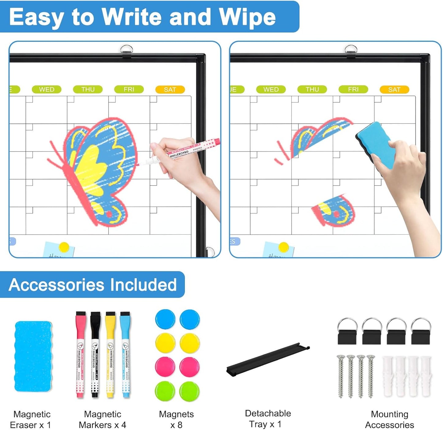 Dry Erase Calendar Whiteboard for Wall, WALGLASS 36" x 24" Magnetic White Board, Monthly Dry Erase Calendar with Silver Aluminum Frame, Double-Sided Hanging Portable Board for Office, Home, School