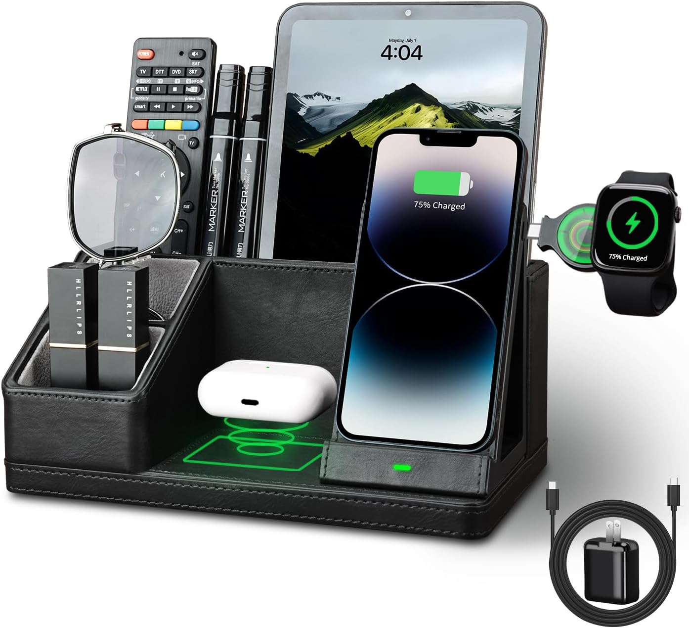 KINGFOM Leather Desk Organizer with Charging Station Multi-Functional Phone Pen Pencil Holder for Desk Desk Organizers and Accessories for Office Home Supplies (L)