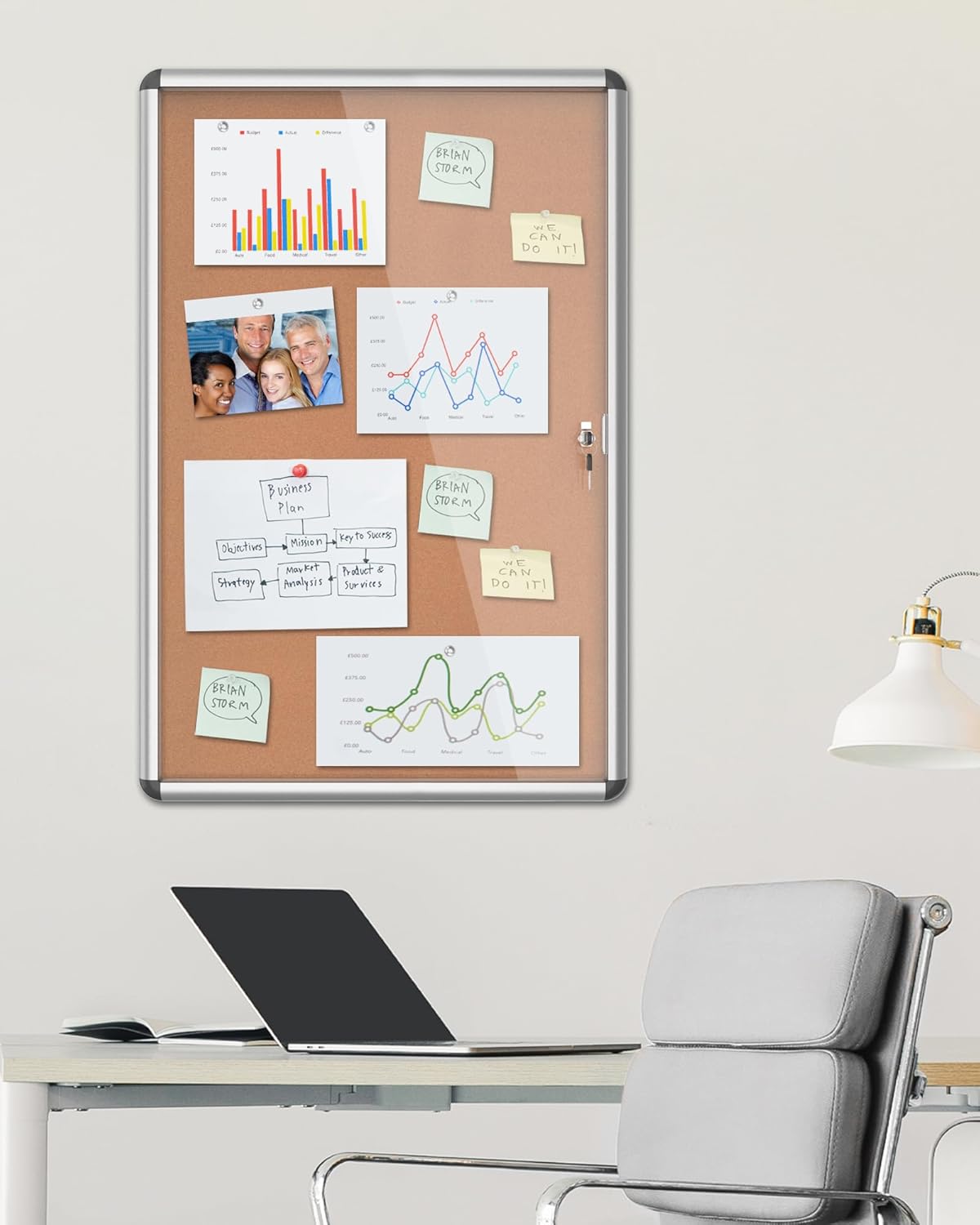 36"x24" Enclosed Bulletin Board, Lockable Weather-Resistant Aluminum Cork Noticeboard for School & Office, Silver Frame w/Cork