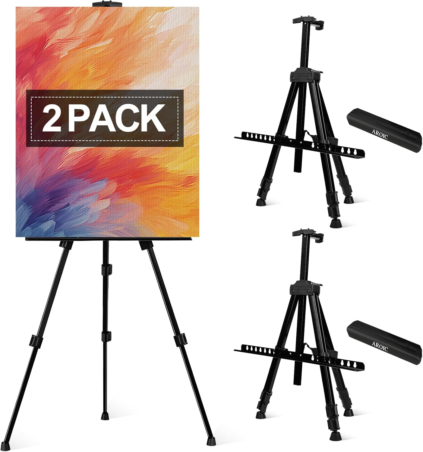 AROIC Art Painting Artist Easel Stand, Painting Display Easel Stand,Portable Adjustable Iron Tripod Display Stand with Bag, Height from 20 to 66 in for Table-Top/Floor Drawing and Displaying(2 Pack)