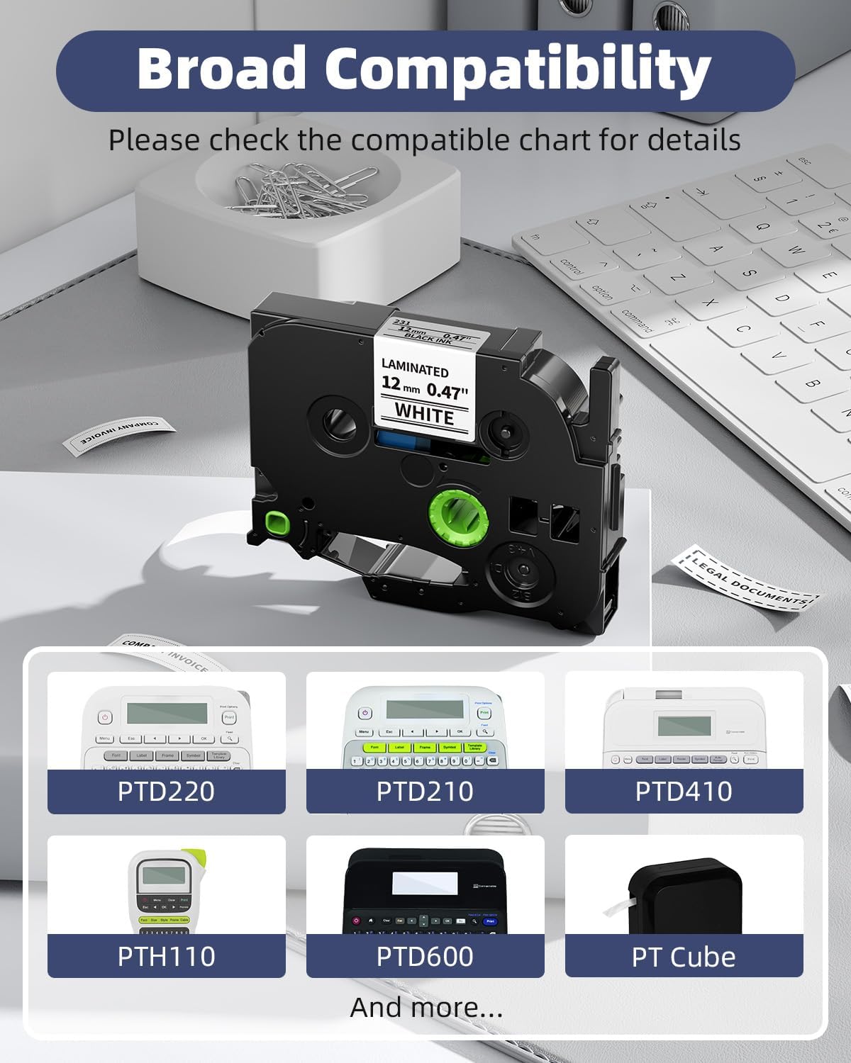 Replacement for Brother Ptouch Label Tape TZe-231 12mm 0.47" Laminated White Tape TZe231 Compatible with P Touch Label Maker Refills PT-D210 D220 1880 1890, 1/2 Inch TZ Black on White, 5-Pack