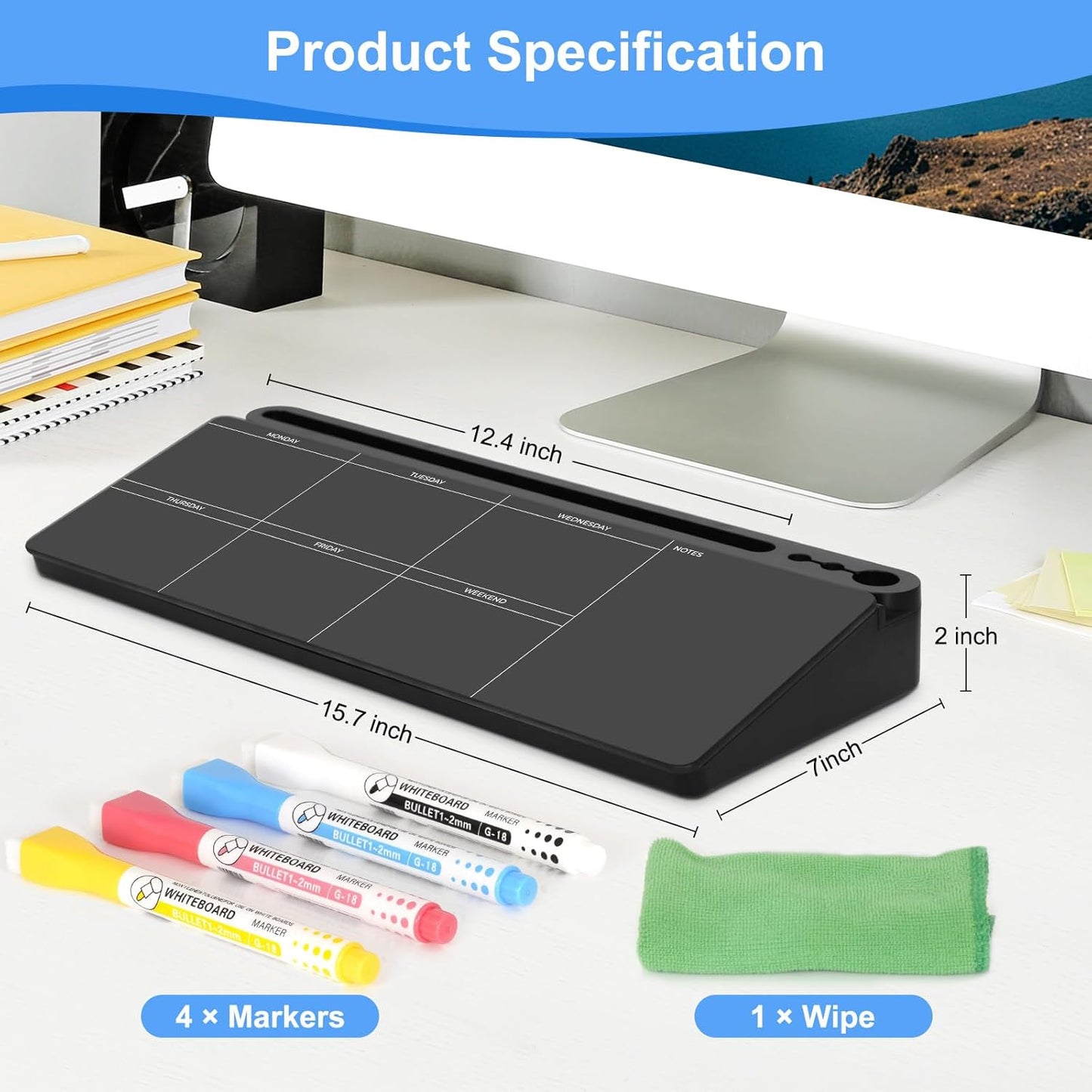 Desktop Glass Whiteboard with Storage, Weekly Calendar Desk Dry Erase White Board, Desk Organizers and Accessories, Weekly Planner Board for List, Planning, Memo, Note, Office, Home, College, School