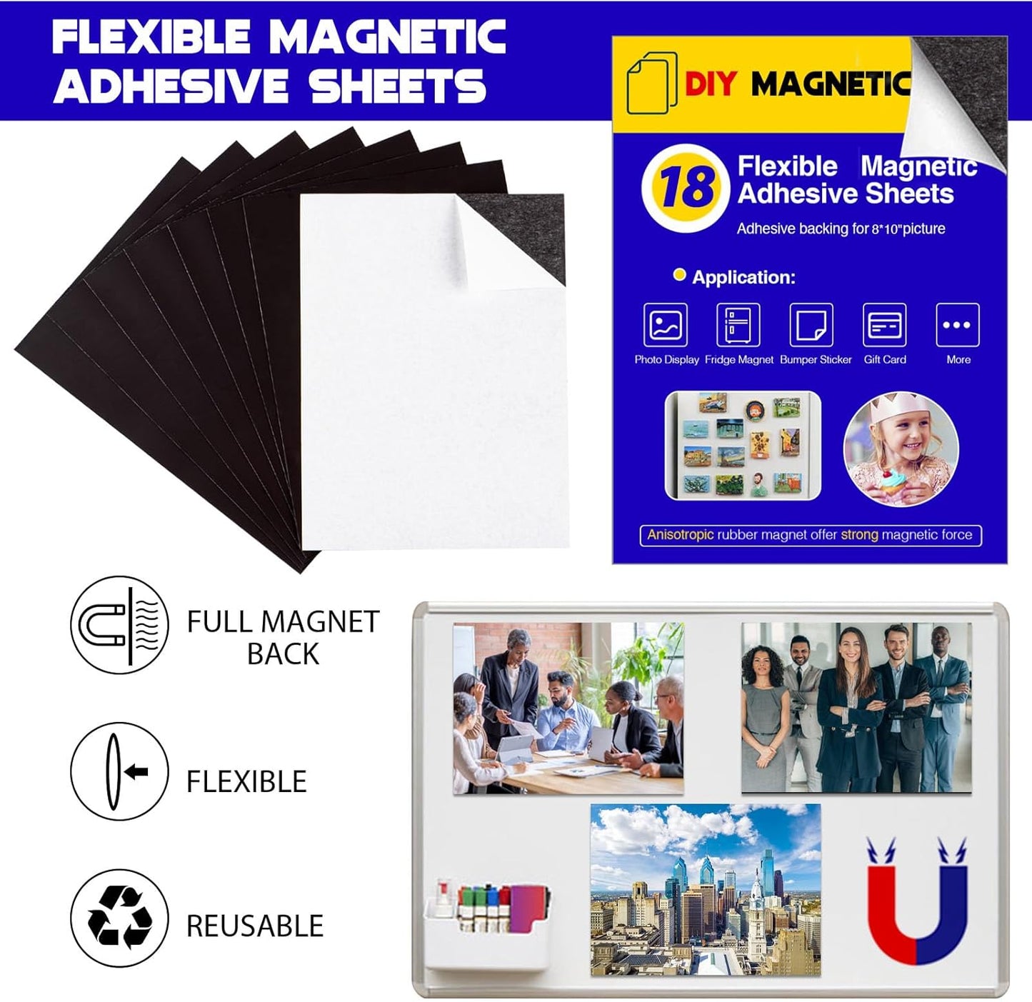 8X10 Picture Magnetic Sheets (Pack of 18),Cuttable Shaped Photo Magnet Sheets with Self Adhesive for Home/Classroom/Office