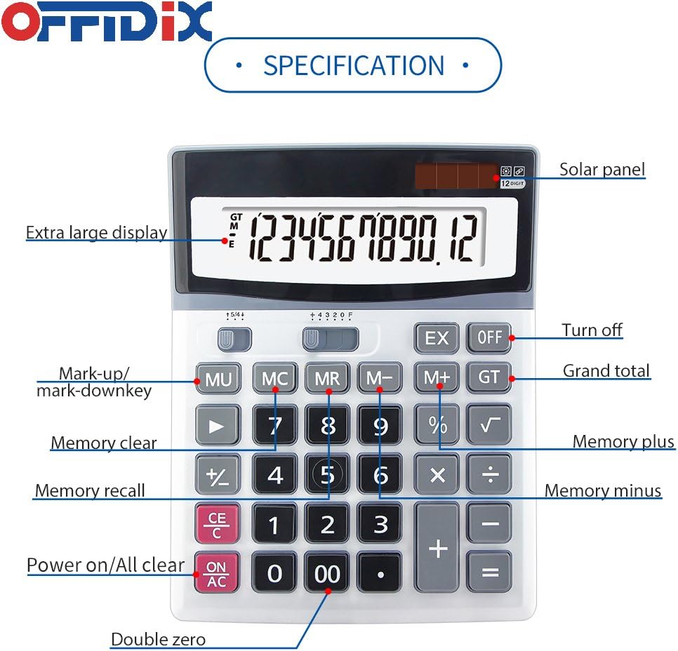 OFFIDIX Large Key Dual Power Electronic Calculator, Portable 12 Digit Large LCD Display Desk Calculator for Daily and Basic Office