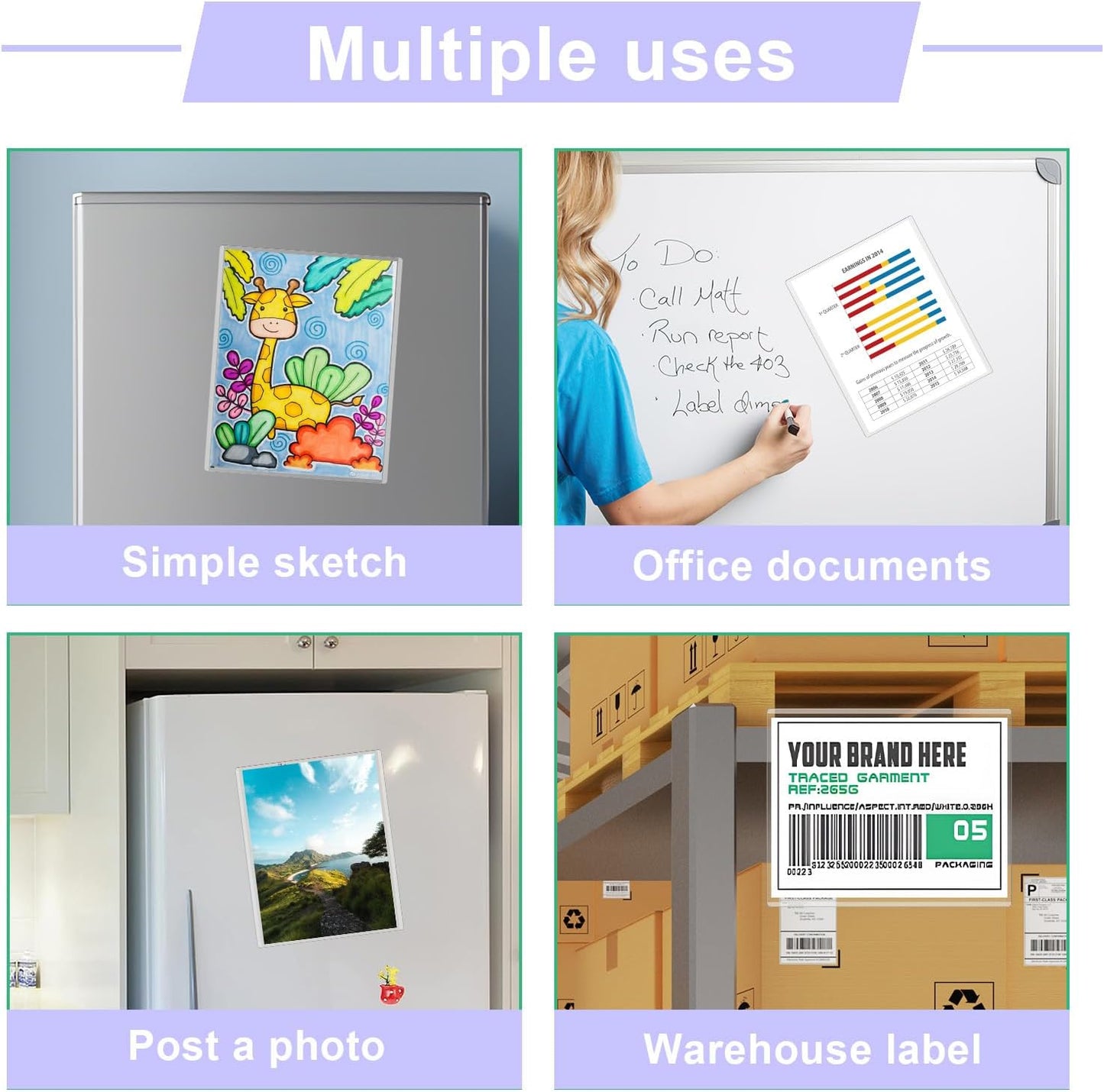 Transparent Sleeves 8.5x11 for Document Paper,Rigid Plastic Information Holders Accommodates 8x10 6PCS,Adhesive Magnet Sheet Included