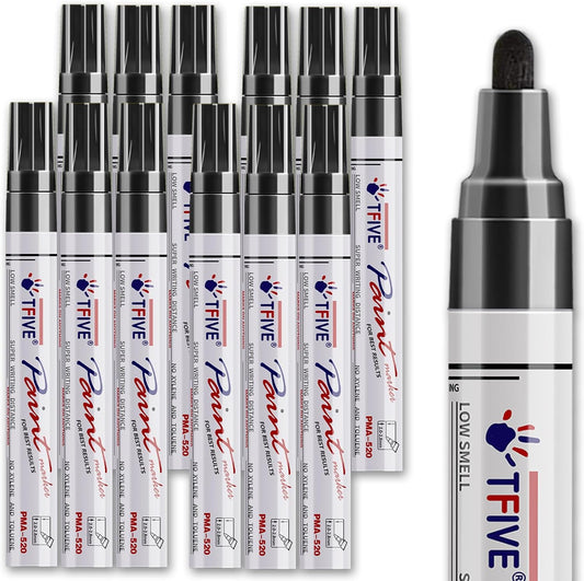 Black Paint Pens Markers - 12 Pack Oil Based Permanent Marker, Medium Tip, Never Fade, Quick Dry, Waterproof Paint Pen for Rocks Painting, Wood, Fabric, Plastic, Canvas, Glass, Metal