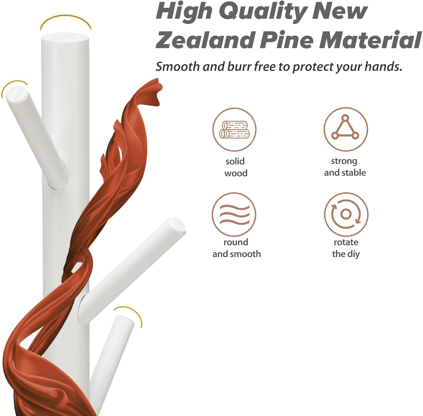 Wooden Coat Rack, Free Standing Coat Rack with 8 Hooks 3 Adjustable Heights for Clothes, Hats, Handbags, Coat Tree Easy Assembly for Entryway, Bedroom, Hallway, Office (New White)