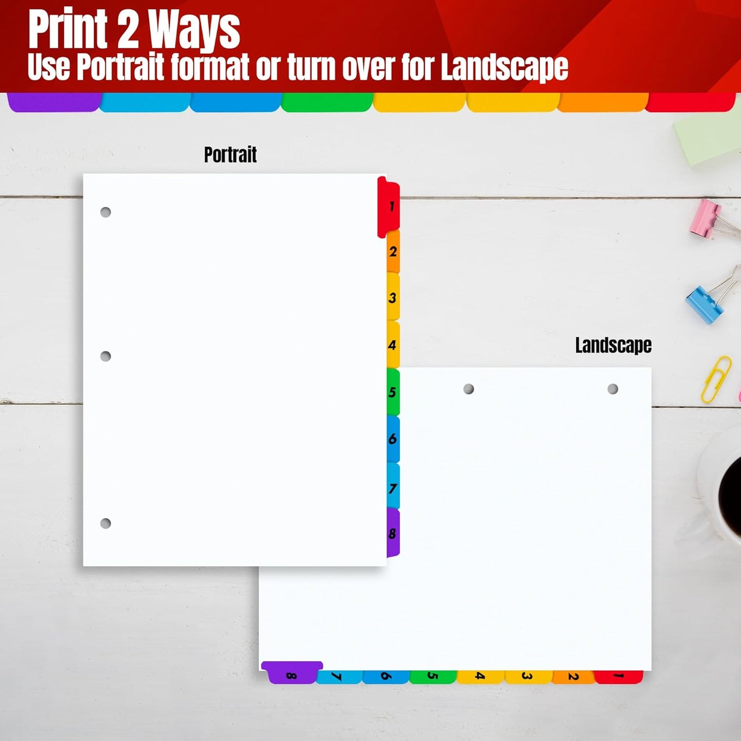 Tab Dividers for 3 Ring Binders – 6 Sets, 1–8 Numbered Index Dividers with Table of Contents – 8.5 x 11 in, 3-Hole Punched – Binder Dividers for School, Office, Filing, Organizing - 6 Pack
