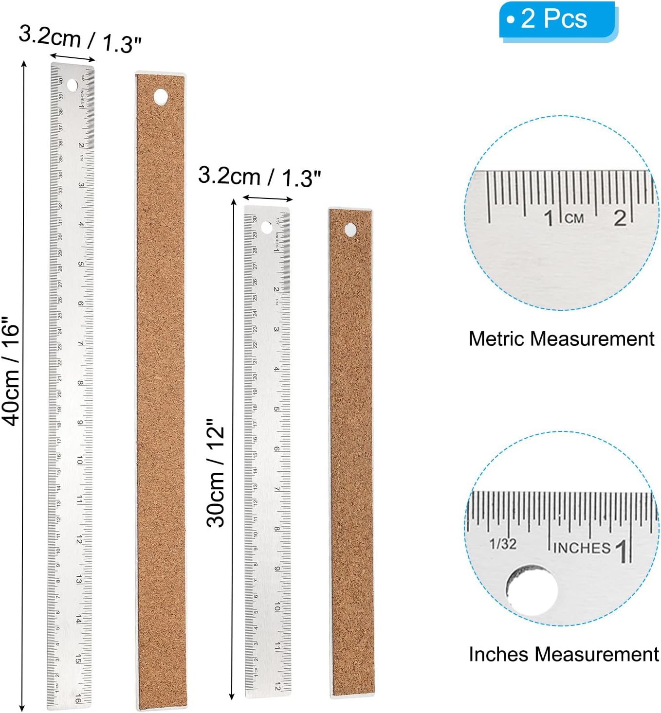 PATIKIL 12, 16 Inch Stainless Steel Straight Edge Ruler, 2 Pcs Cork Backing Non-Slip Metal Ruler with Inches Centimeter Metric Measuring Tools for Office