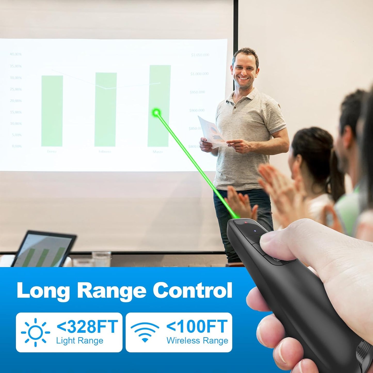 Wireless Presentation Clicker PowerPoint Presenter Remote : USB Type C Clicker with Green Laser Pointer Long Range PPT Control -Power Point Google Slide Advancer for Mac Laptop PC Computer Keynote